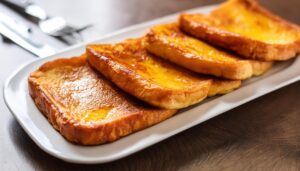 白い長方形のプレートに並べられた焼きたてのフレンチトースト