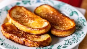 緑の葉模様の白い丸皿に盛られたフレンチトースト