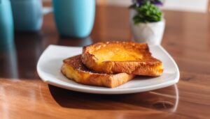 白いプレートに盛られたフレンチトーストとぼかした背景の観葉植物