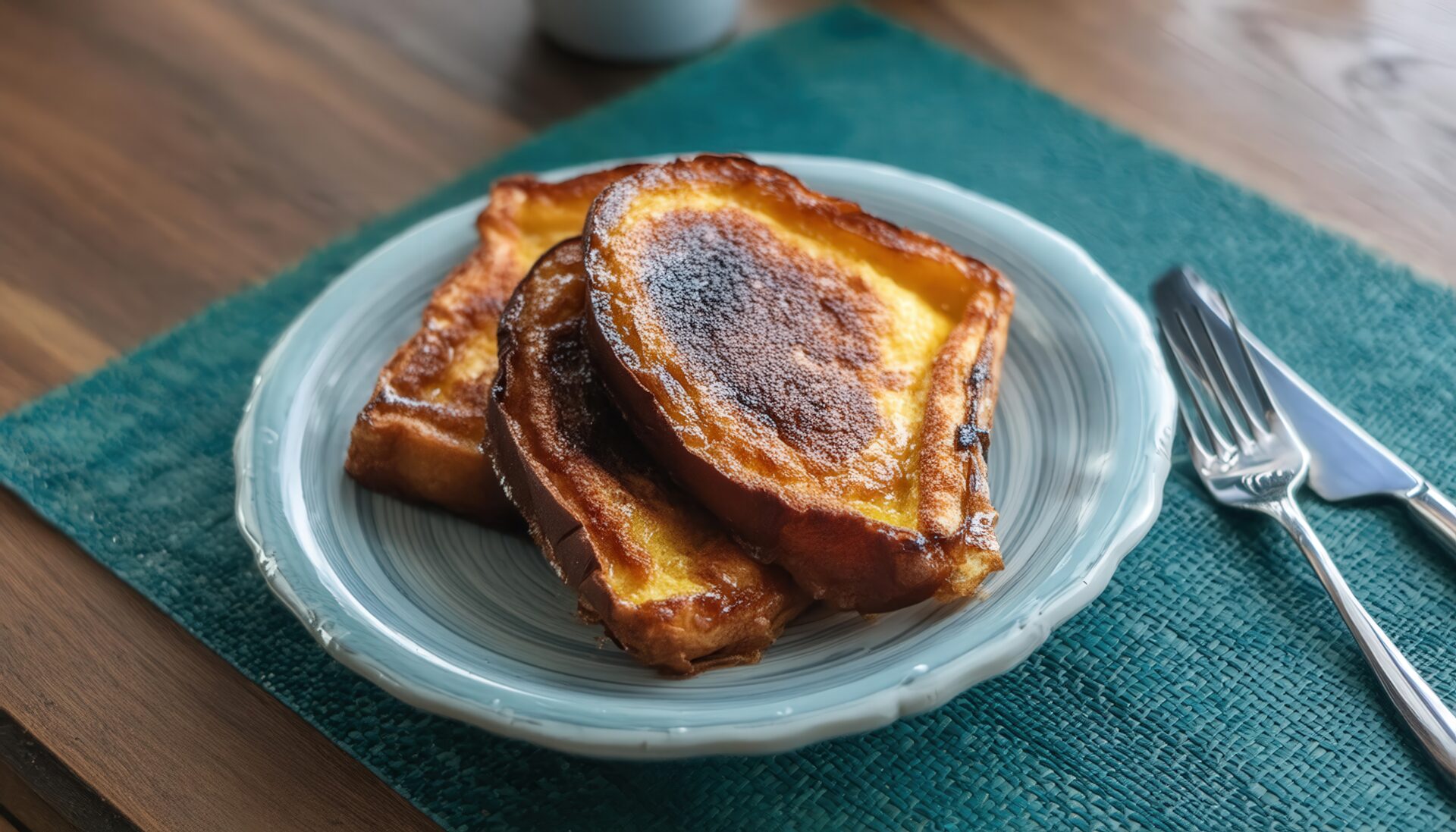 ターコイズ色のランチョンマットとフォークナイフを添えたフレンチトースト