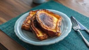 ターコイズ色のランチョンマットとフォークナイフを添えたフレンチトースト