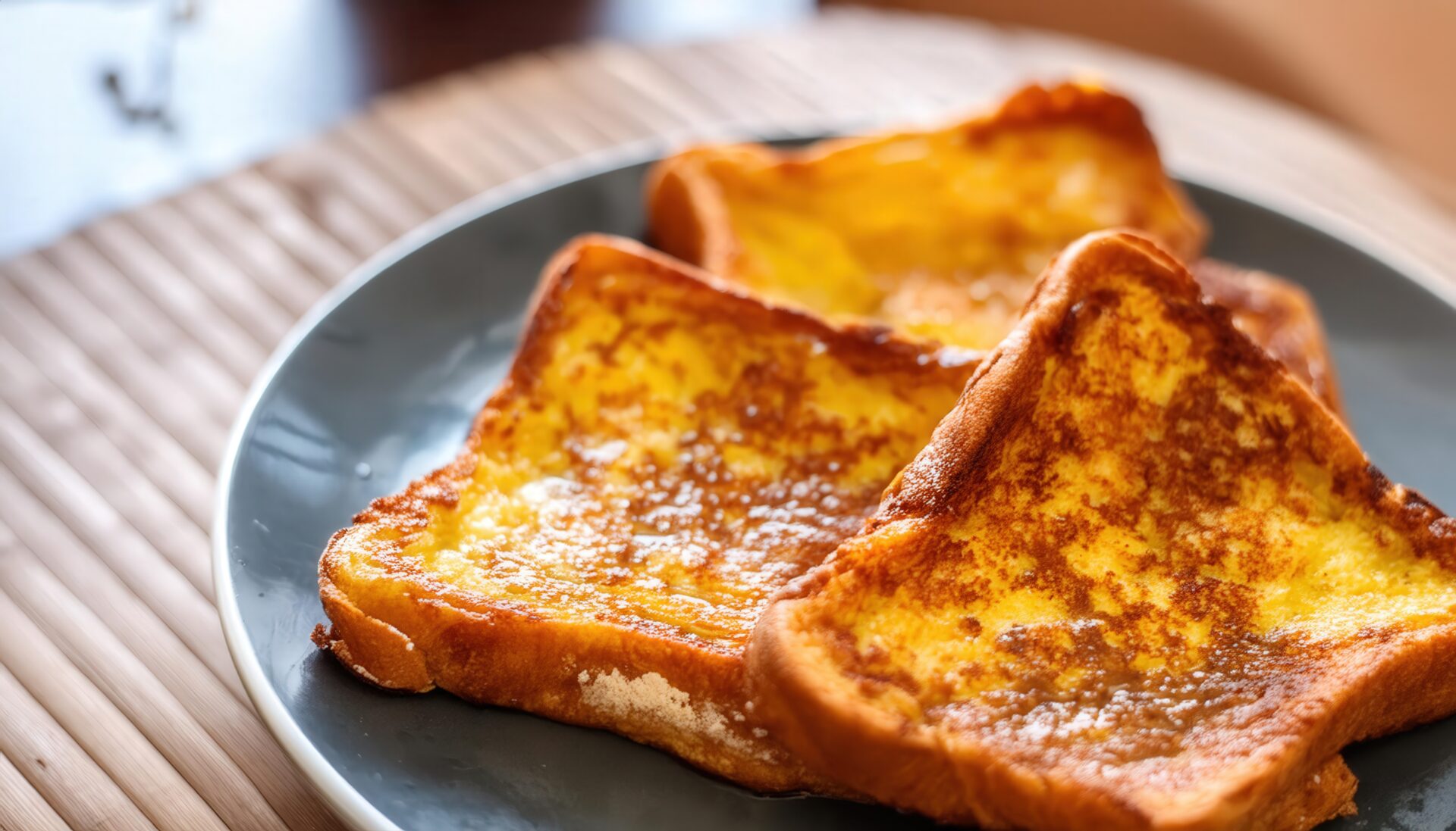 竹マットの上のグレープレートに盛られた焼きたてフレンチトースト