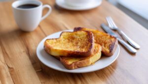 木製テーブル上の白い皿に盛られたフレンチトーストとコーヒー