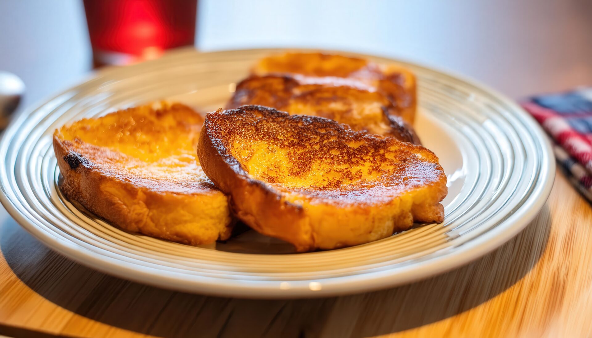 木製テーブル上の模様入り皿に盛られたシナモン風味のフレンチトースト
