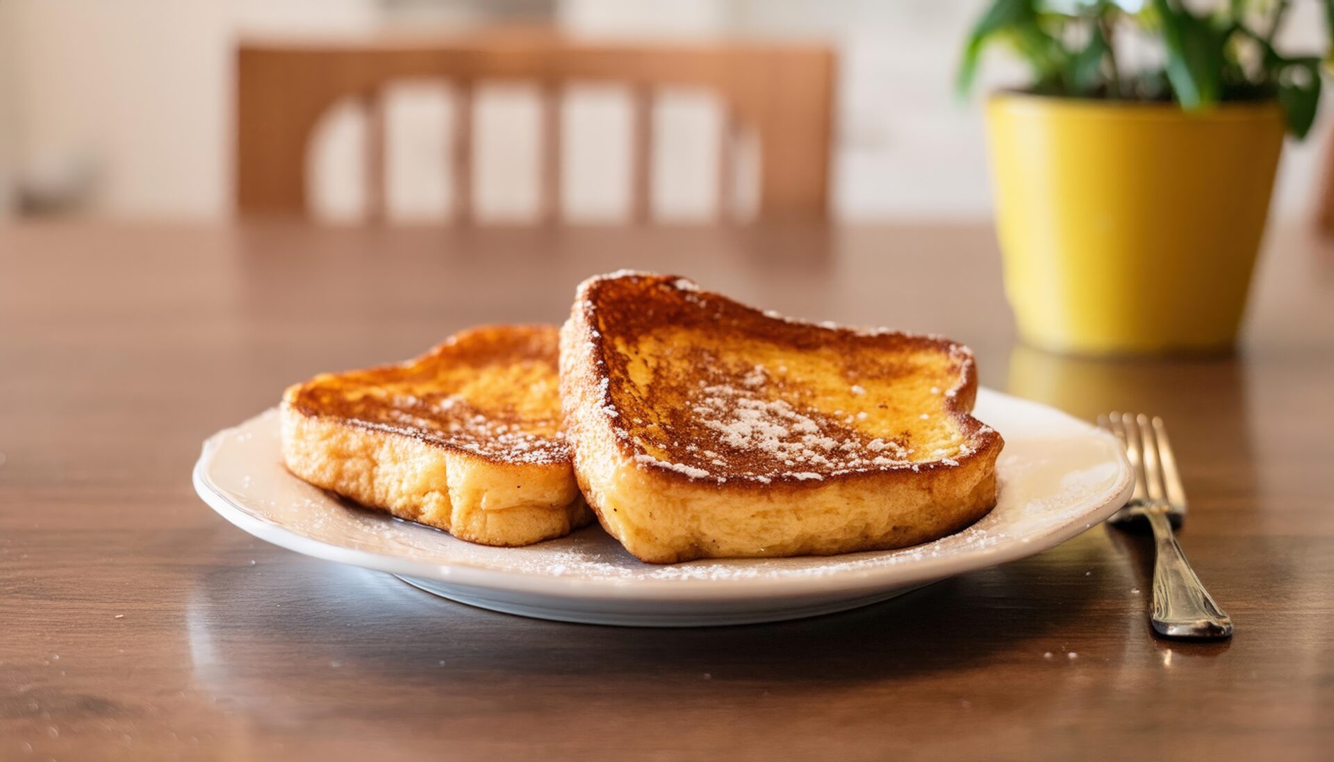 室内のダイニングテーブルに置かれた粉砂糖をまぶしたフレンチトースト