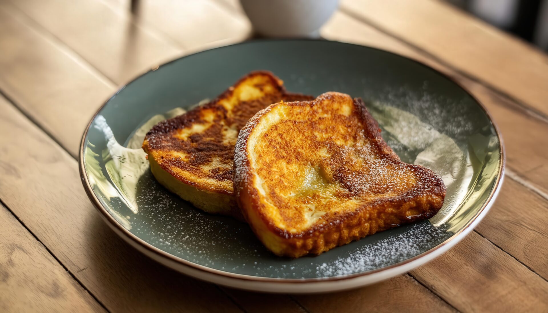 木製テーブル上の深緑色の皿に盛られた粉砂糖をまぶしたフレンチトースト