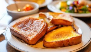 レストランテーブルの白い皿に盛られた粉砂糖をまぶしたフレンチトースト