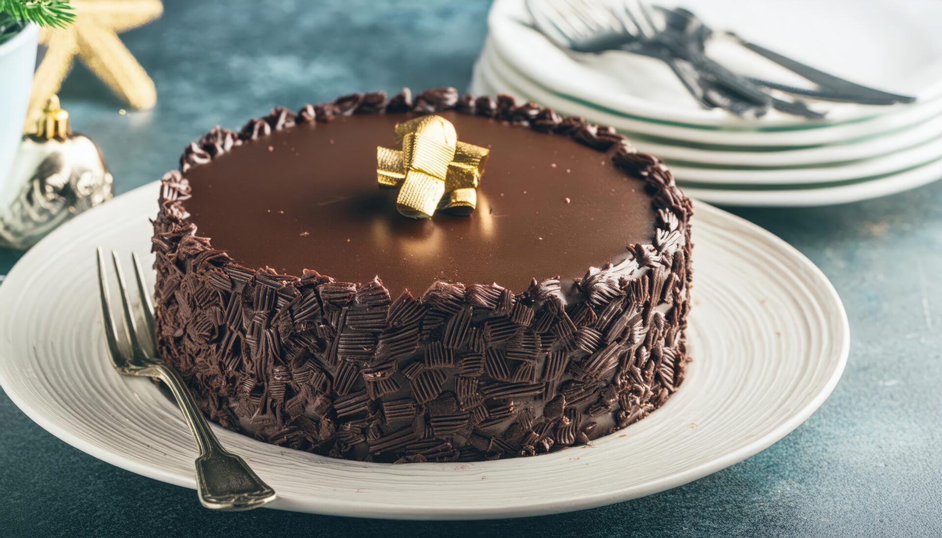 チョコレートケーキとゴールドリボン