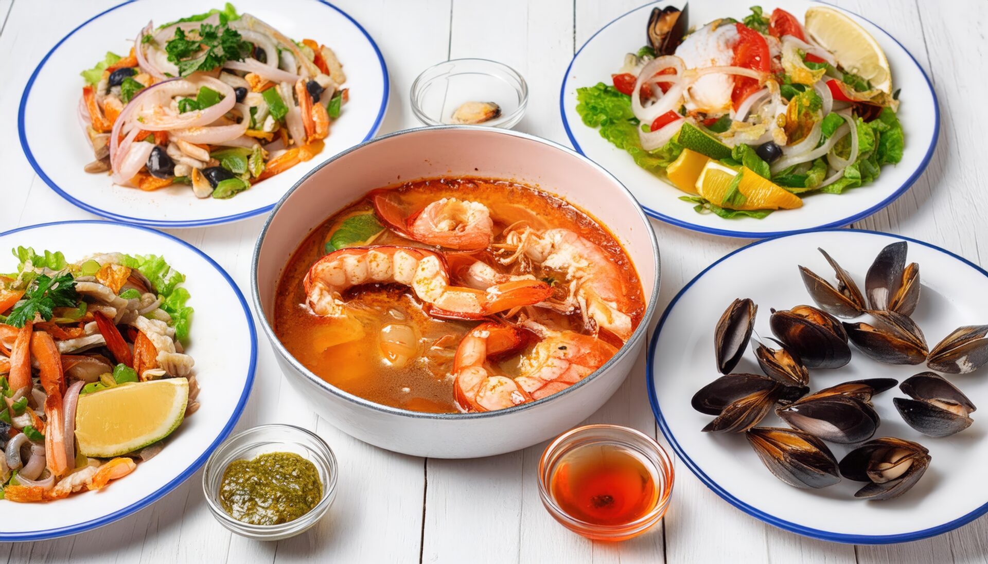 シーフードスープとサラダ