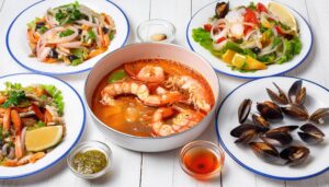 シーフードスープとサラダ