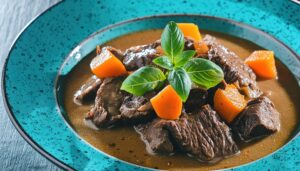 ビーフシチューとバジル添え