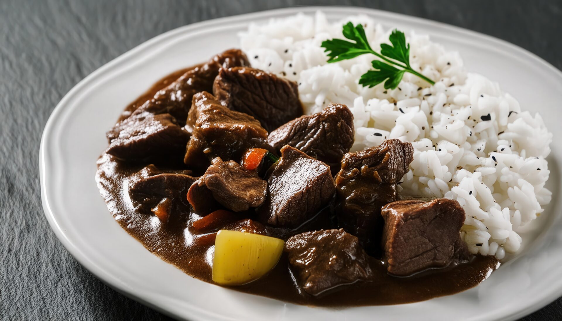 ビーフシチューとライスの皿盛り