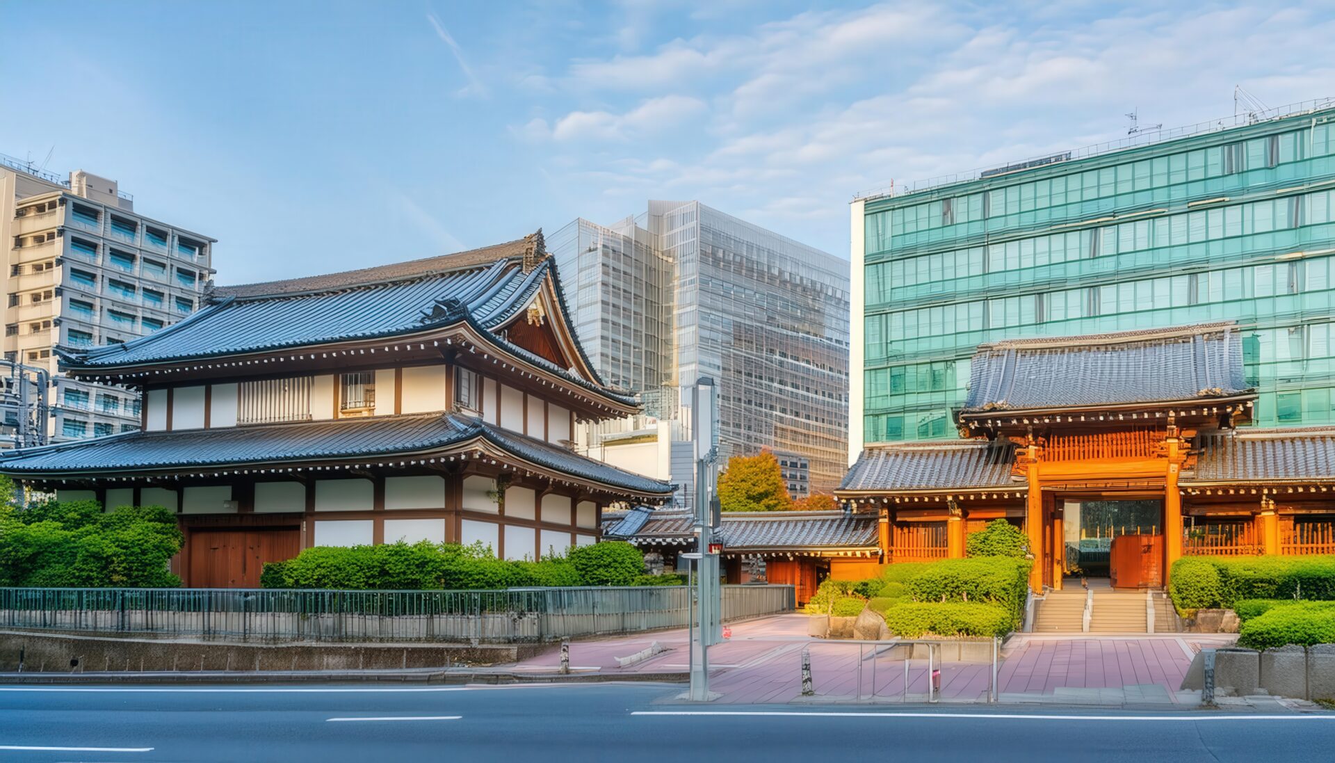 都市部の寺院と高層ビルの対比風景