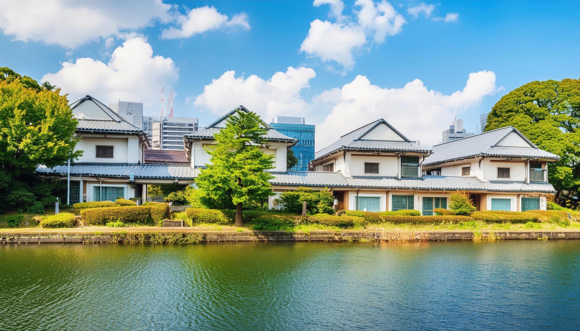 池の畔に立つ和風建築物