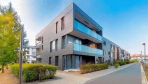 木製パネルを用いたモダン集合住宅の外観