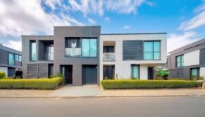 モノトーンカラーのデュプレックス住宅と青空