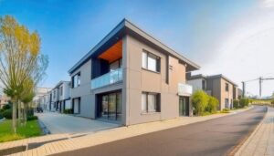 都市型住宅街のグレーと白のモダン住宅