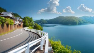 湖畔の曲がりくねった道路と伝統的な家屋