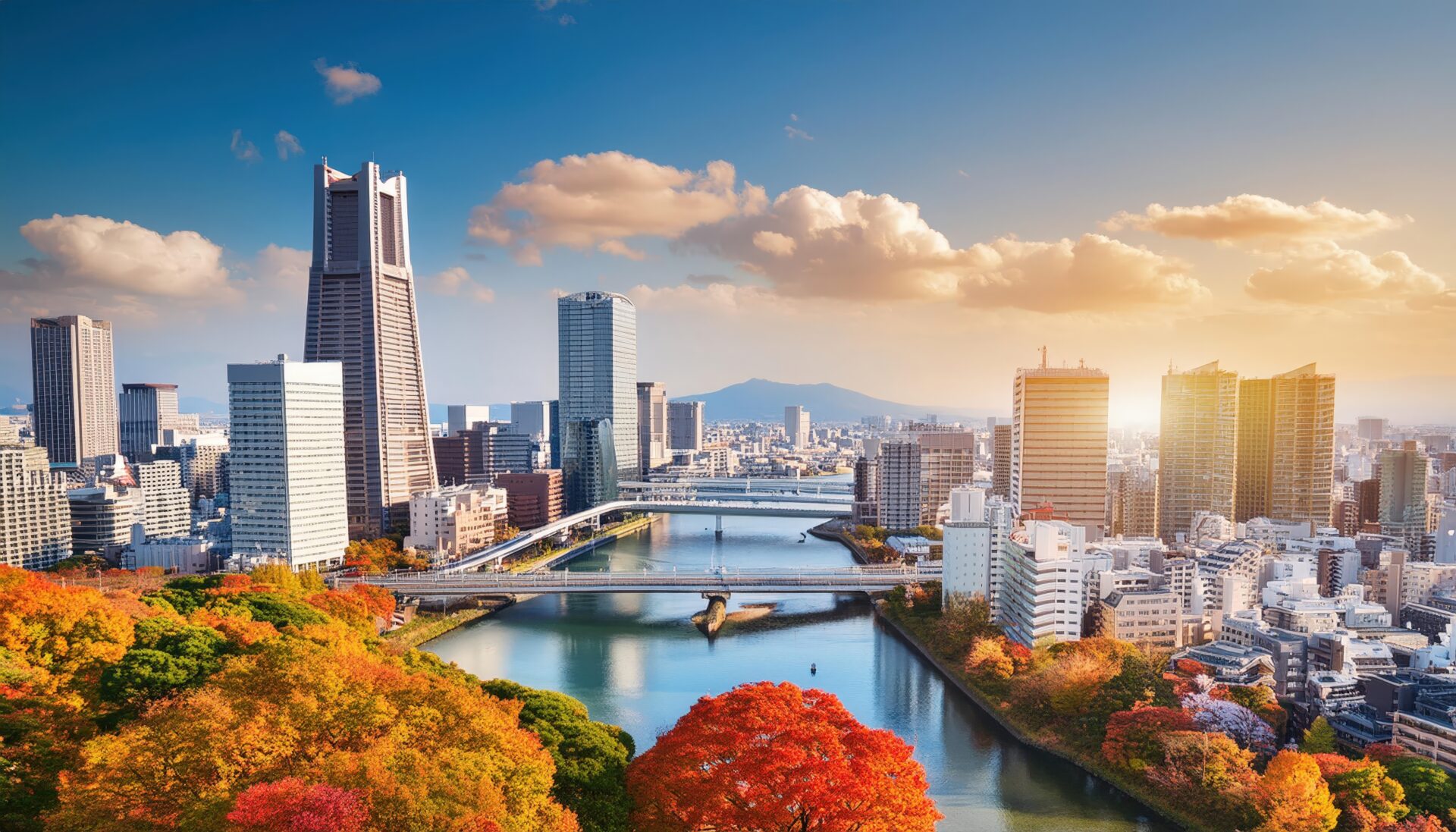 秋の紅葉と都市のスカイライン