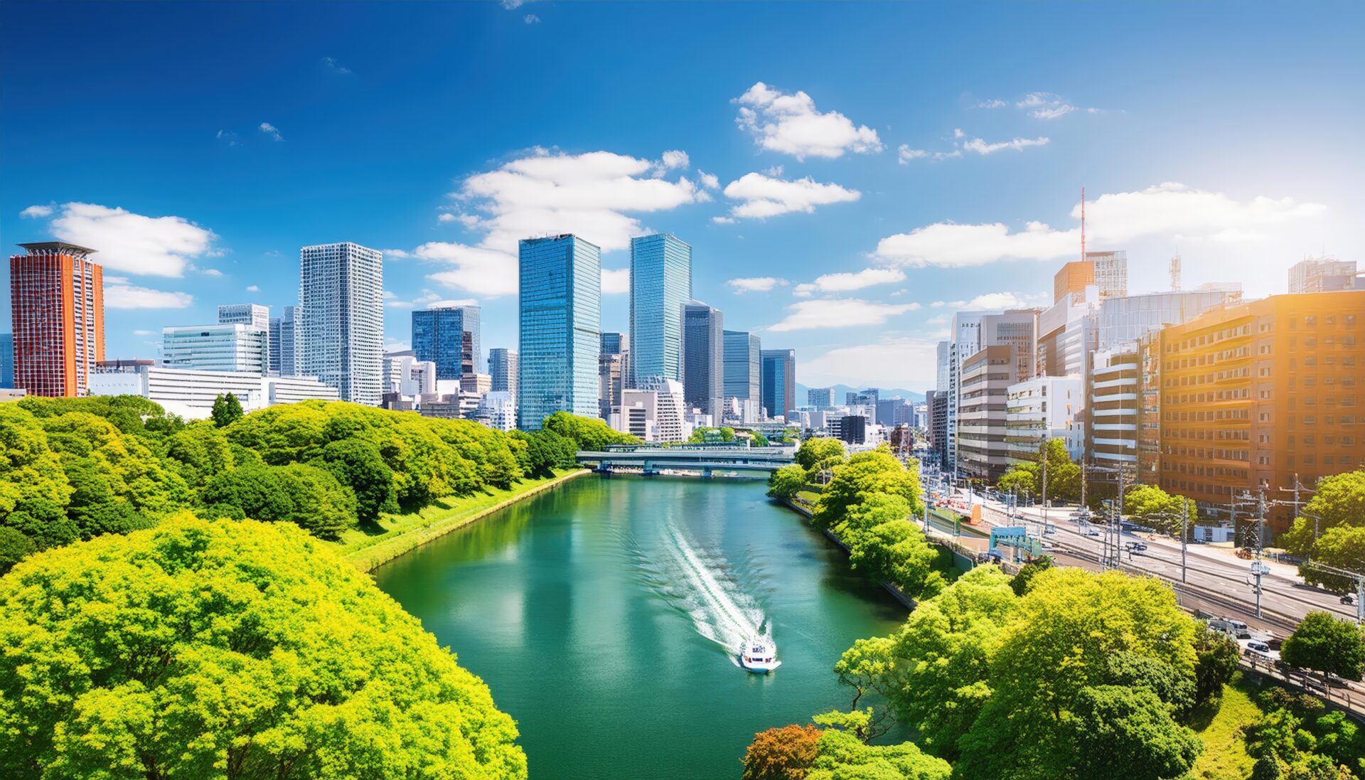 緑豊かな都市河川と高層ビル