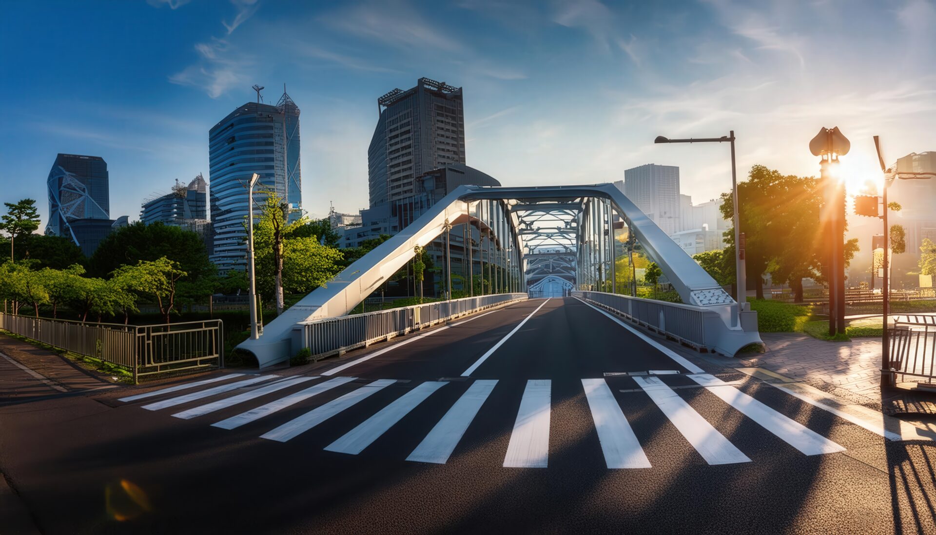 日の出とモダン橋の都市風景
