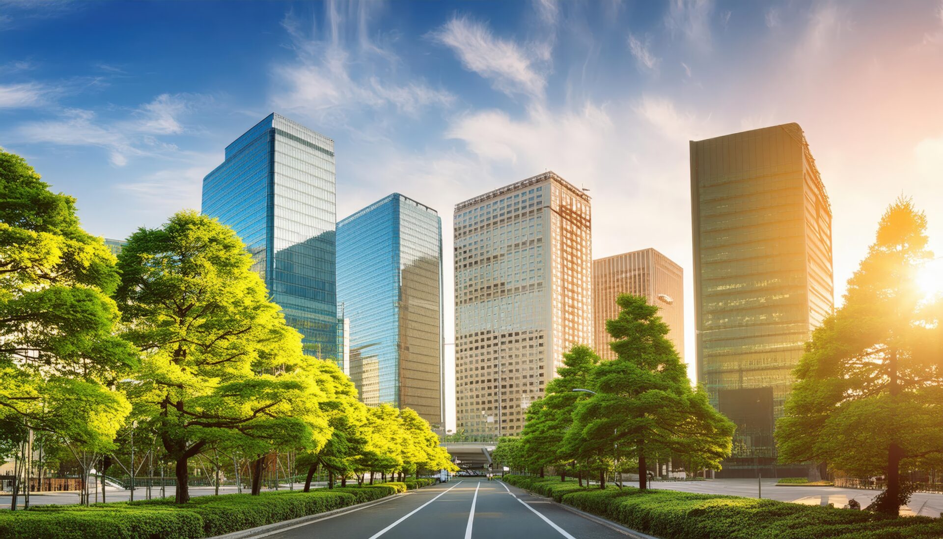 夕日に輝くオフィスビルと緑の並木道