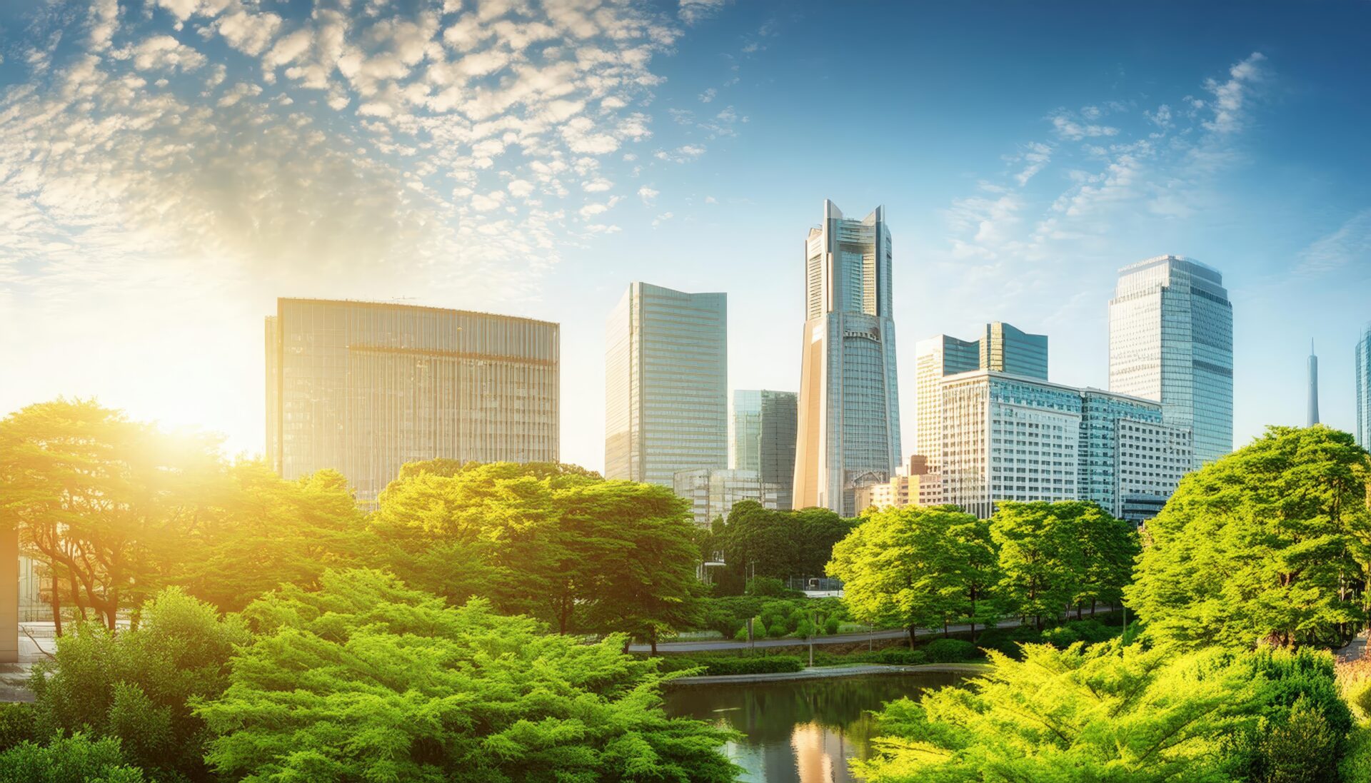 近代的な都市の高層ビルと朝日