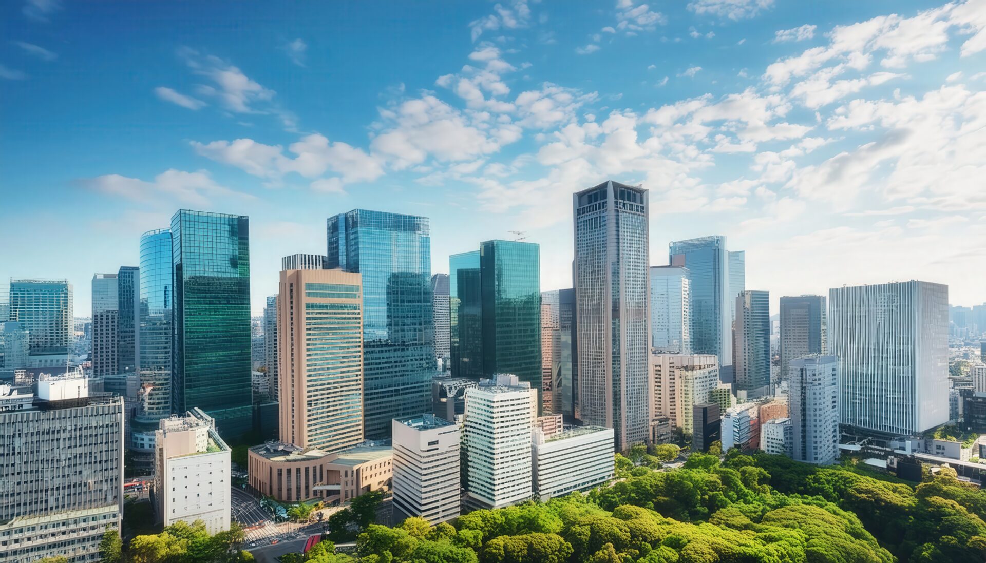 上空から見たビジネス街のビル群