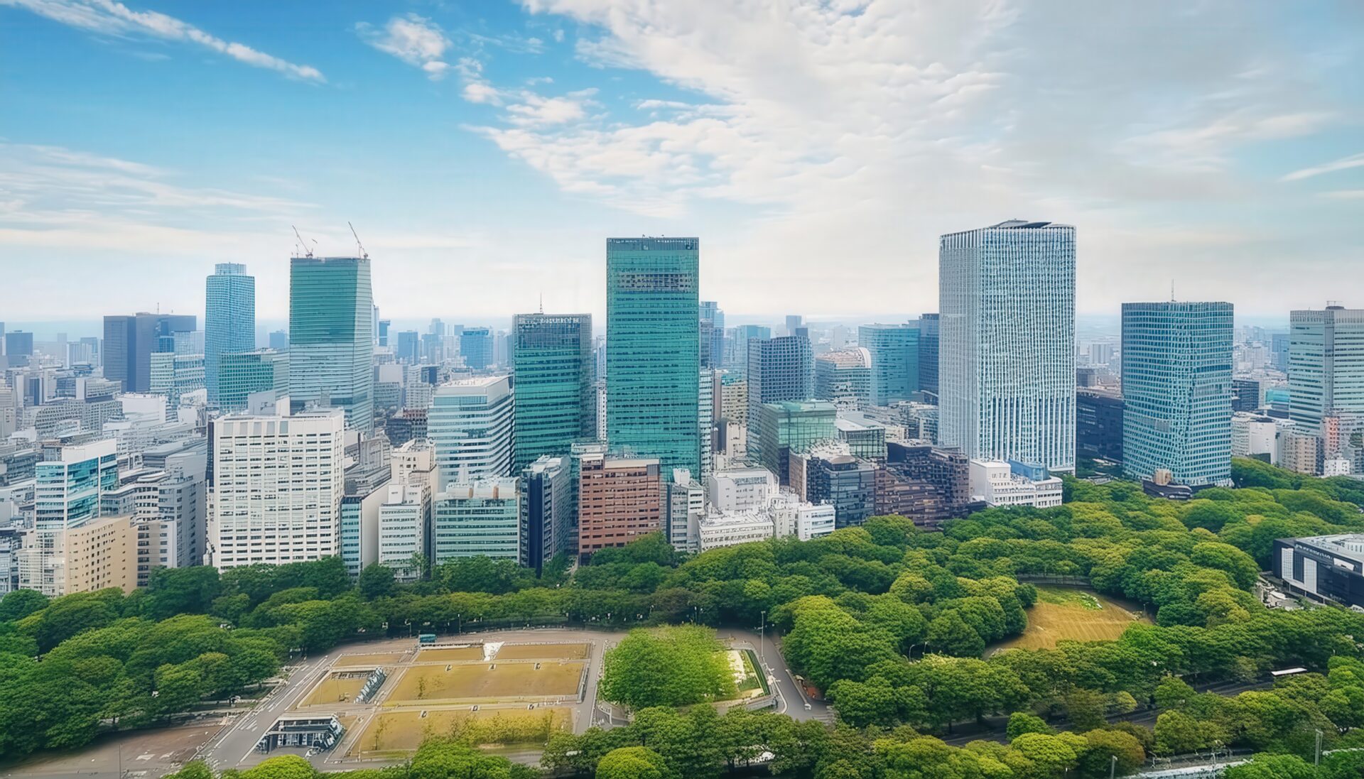 都市の上空ビューとビル群