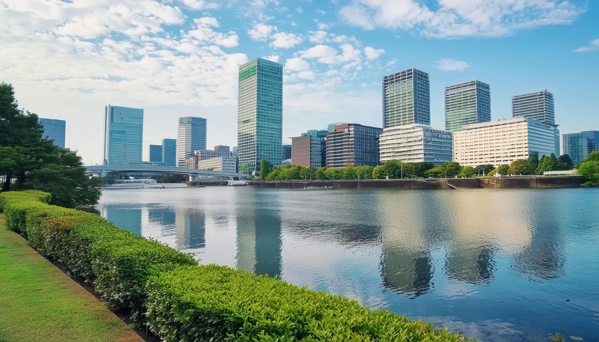 水辺のビル群と公園