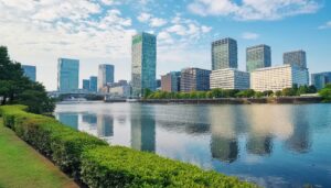 水辺のビル群と公園