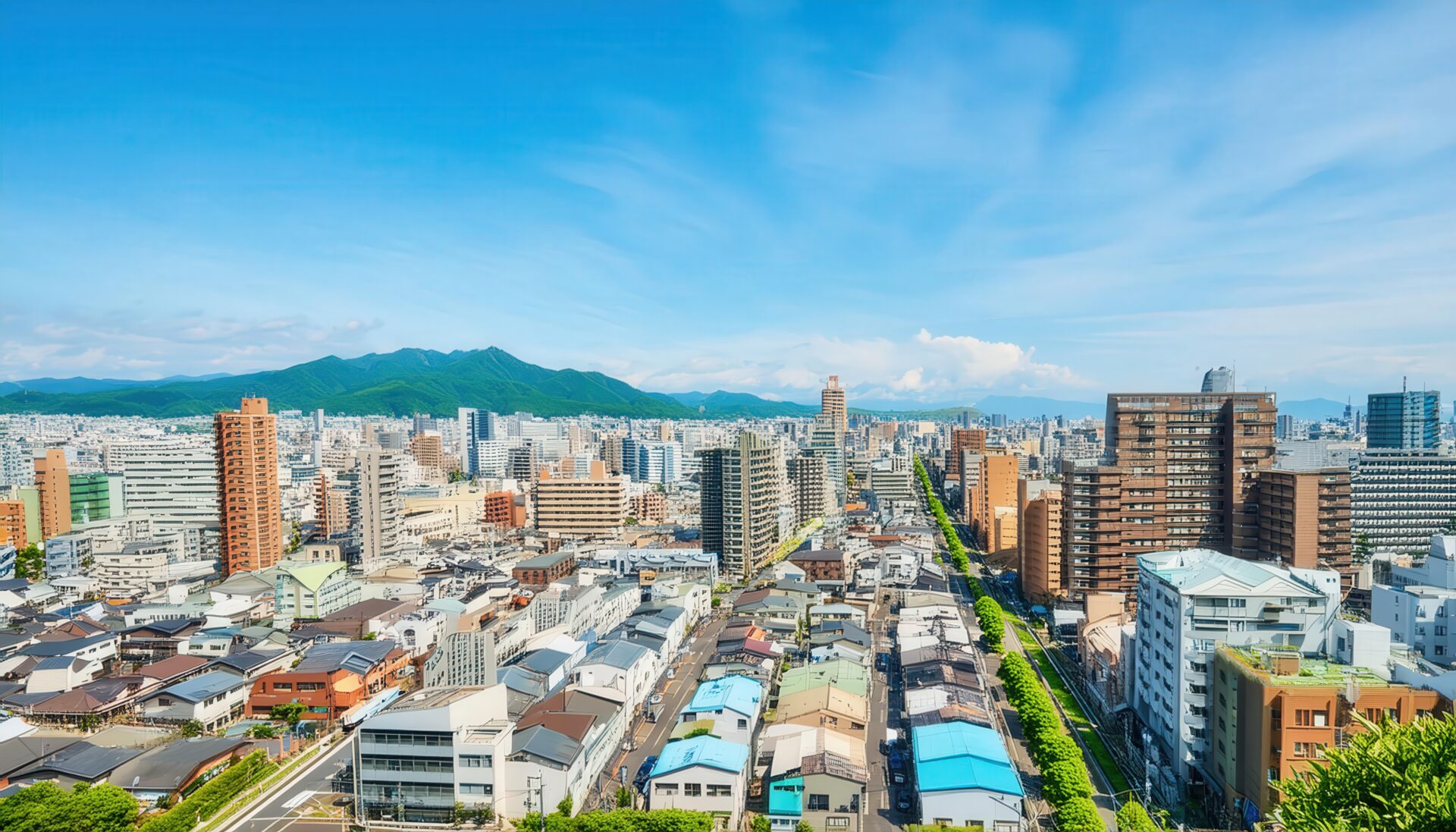 都市と山並みの俯瞰景色