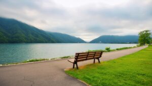 湖畔のベンチと曇り空