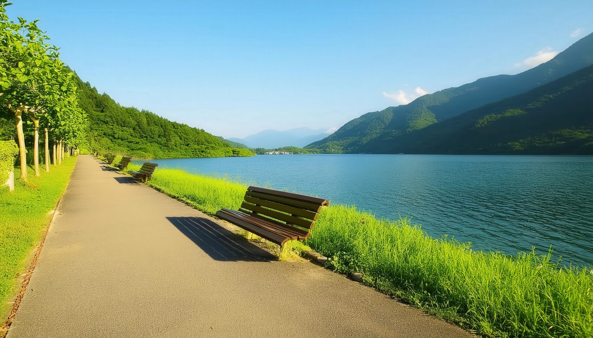 湖畔のベンチと並木道