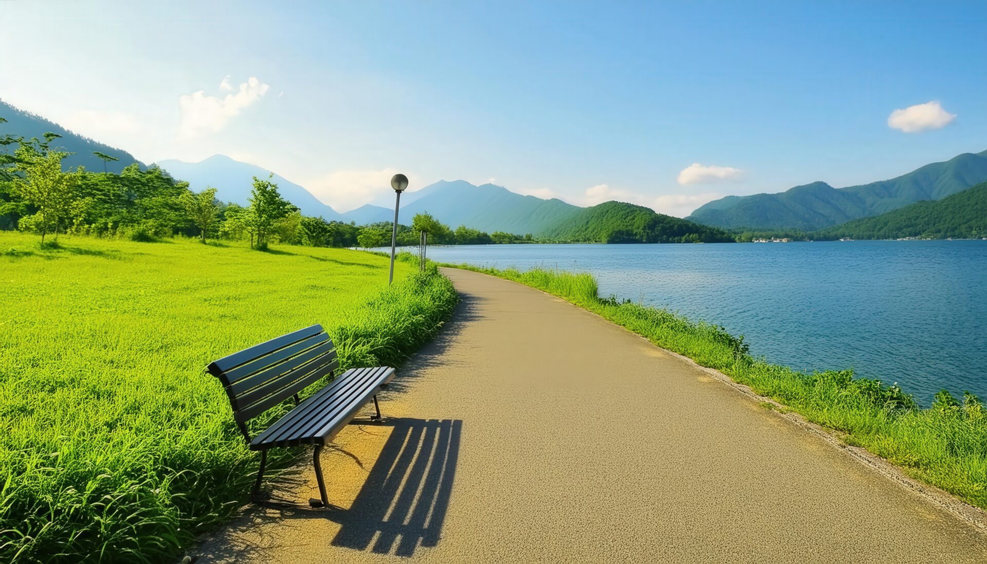 湖畔のベンチと青空の景色