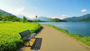 湖畔のベンチと青空の景色