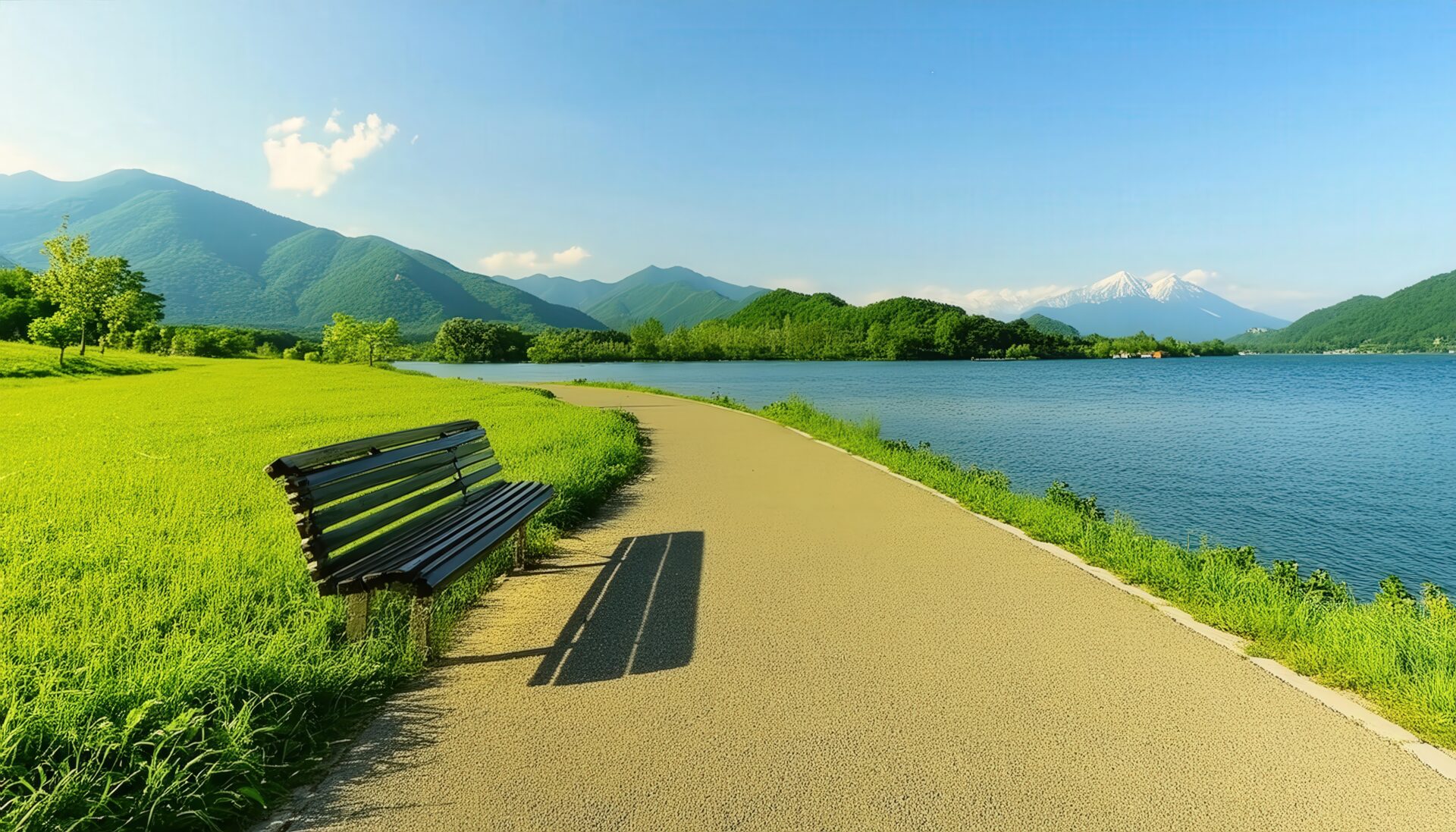 湖畔のベンチと広がる緑地