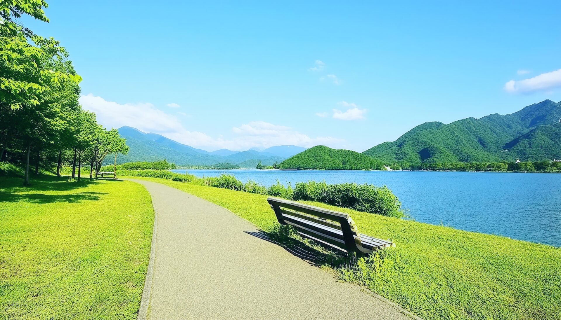 湖畔の遊歩道とベンチ