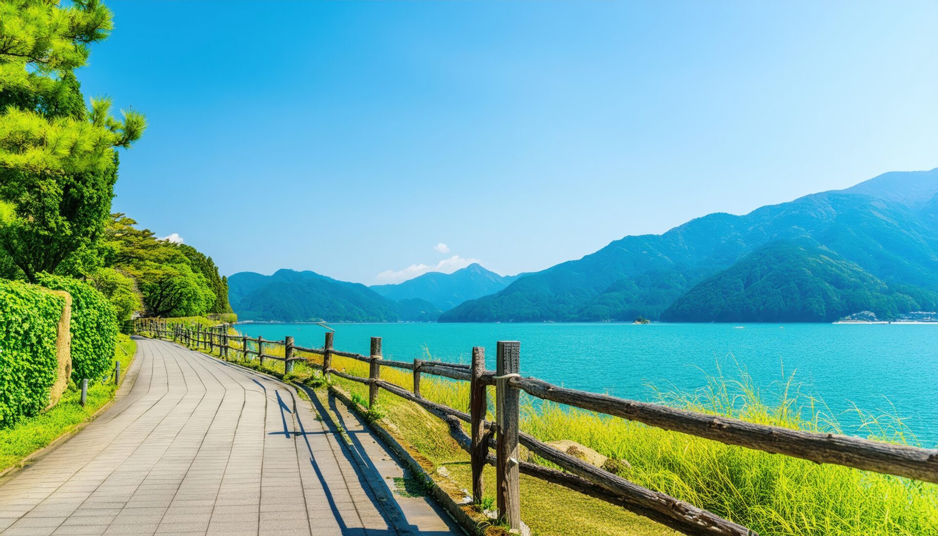 湖畔の木道とフェンス