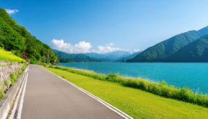 湖畔の道路と青い湖