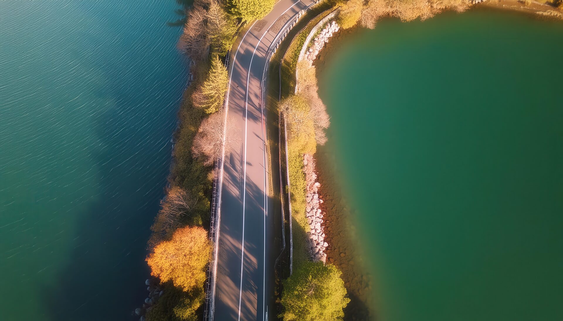 湖と道路の空撮