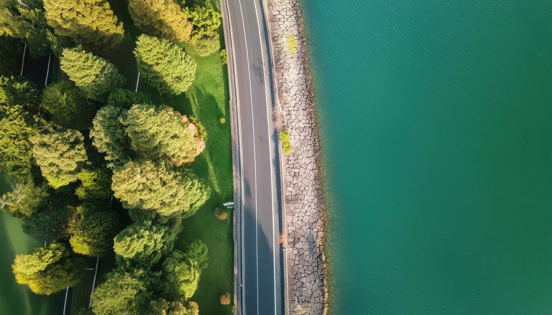 湖畔の道と緑地の空撮