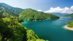 山々に囲まれた湖