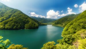 緑に囲まれた湖と山