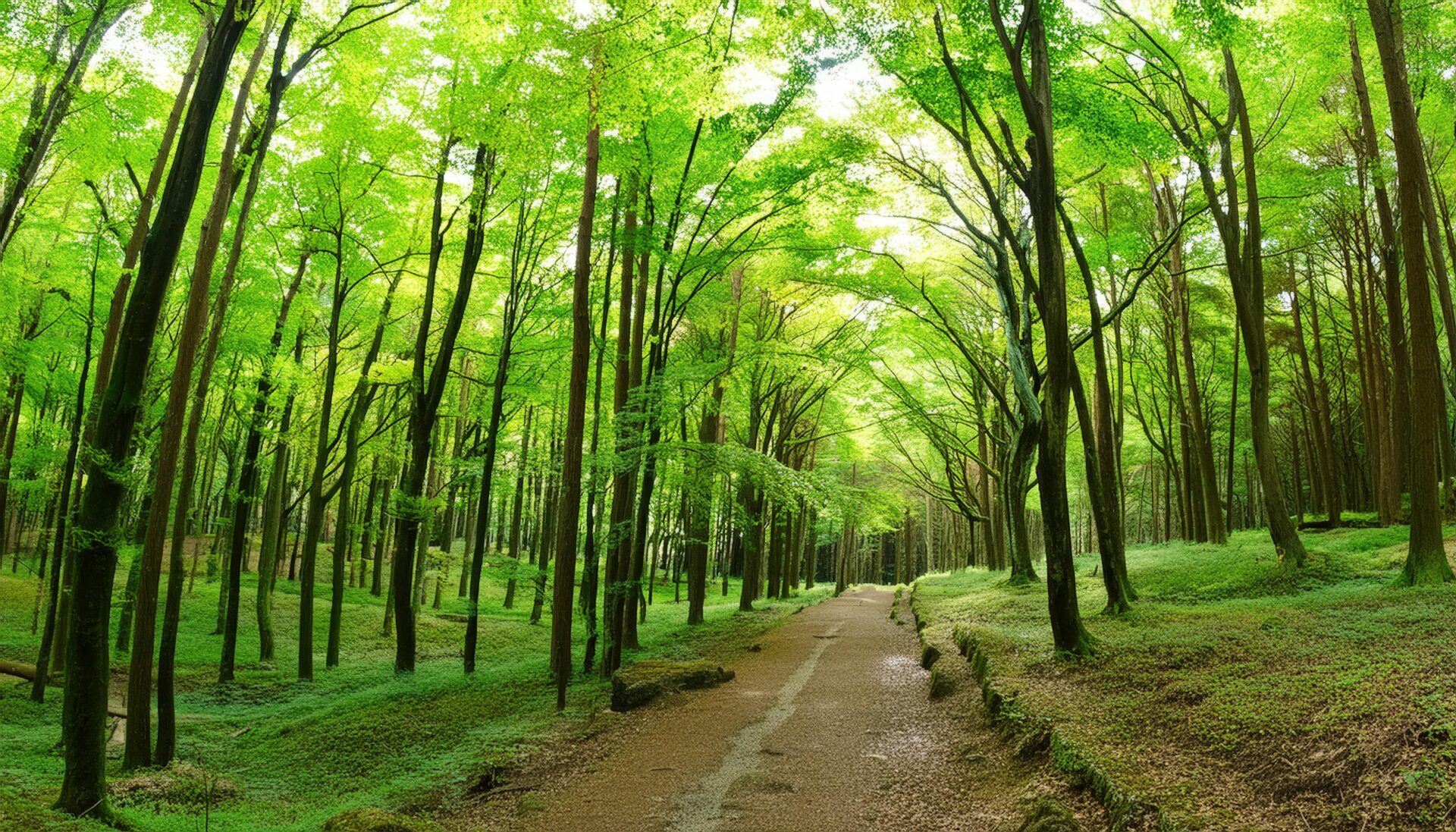 緑に包まれた森の道
