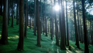 朝日差し込む森林