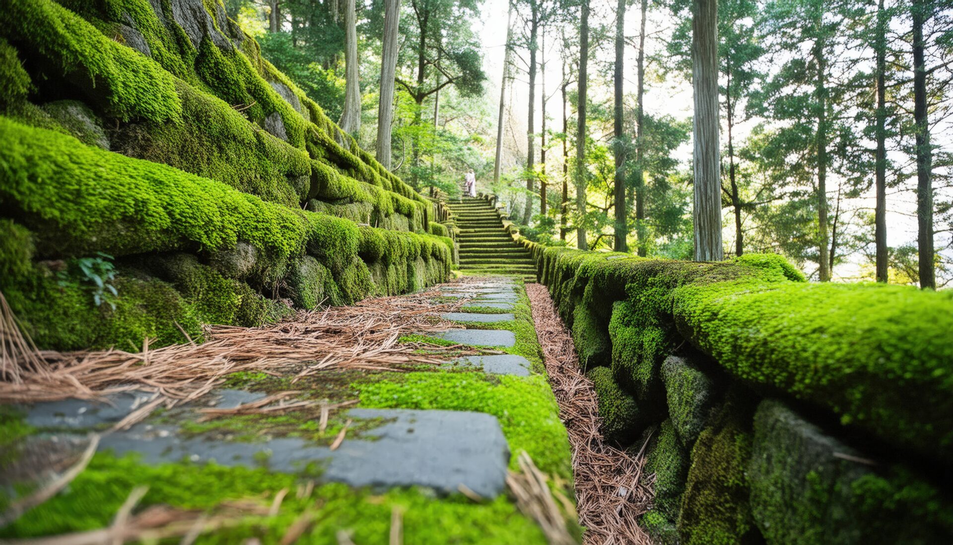 森林の苔むした石段