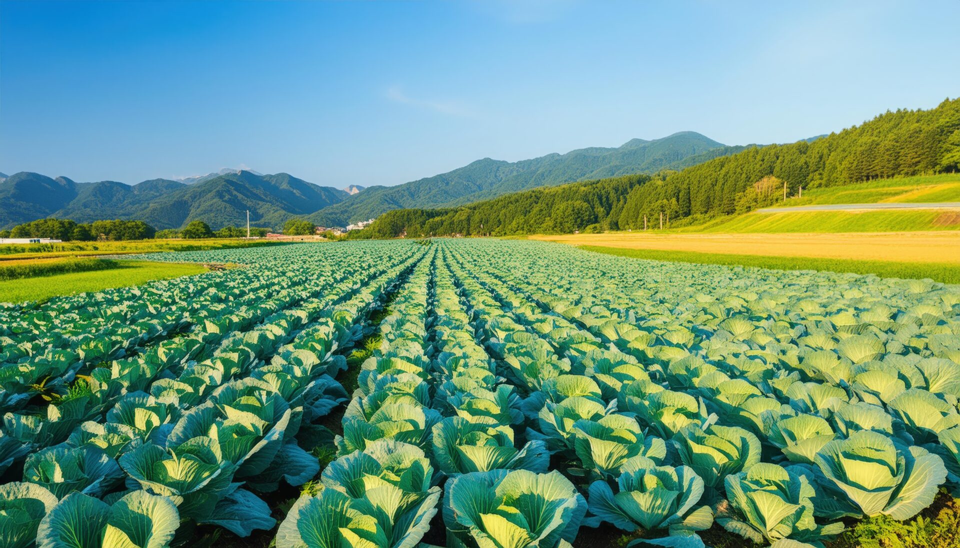 夕陽とキャベツ畑