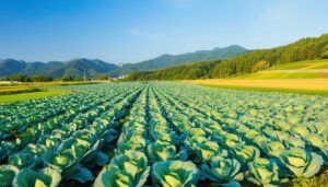 夕陽とキャベツ畑