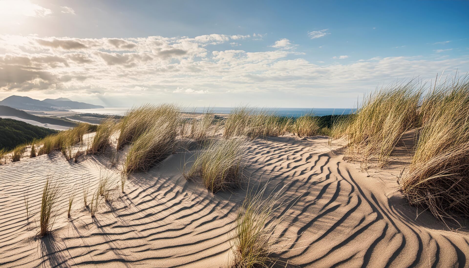 夕暮れの砂丘と海の眺望